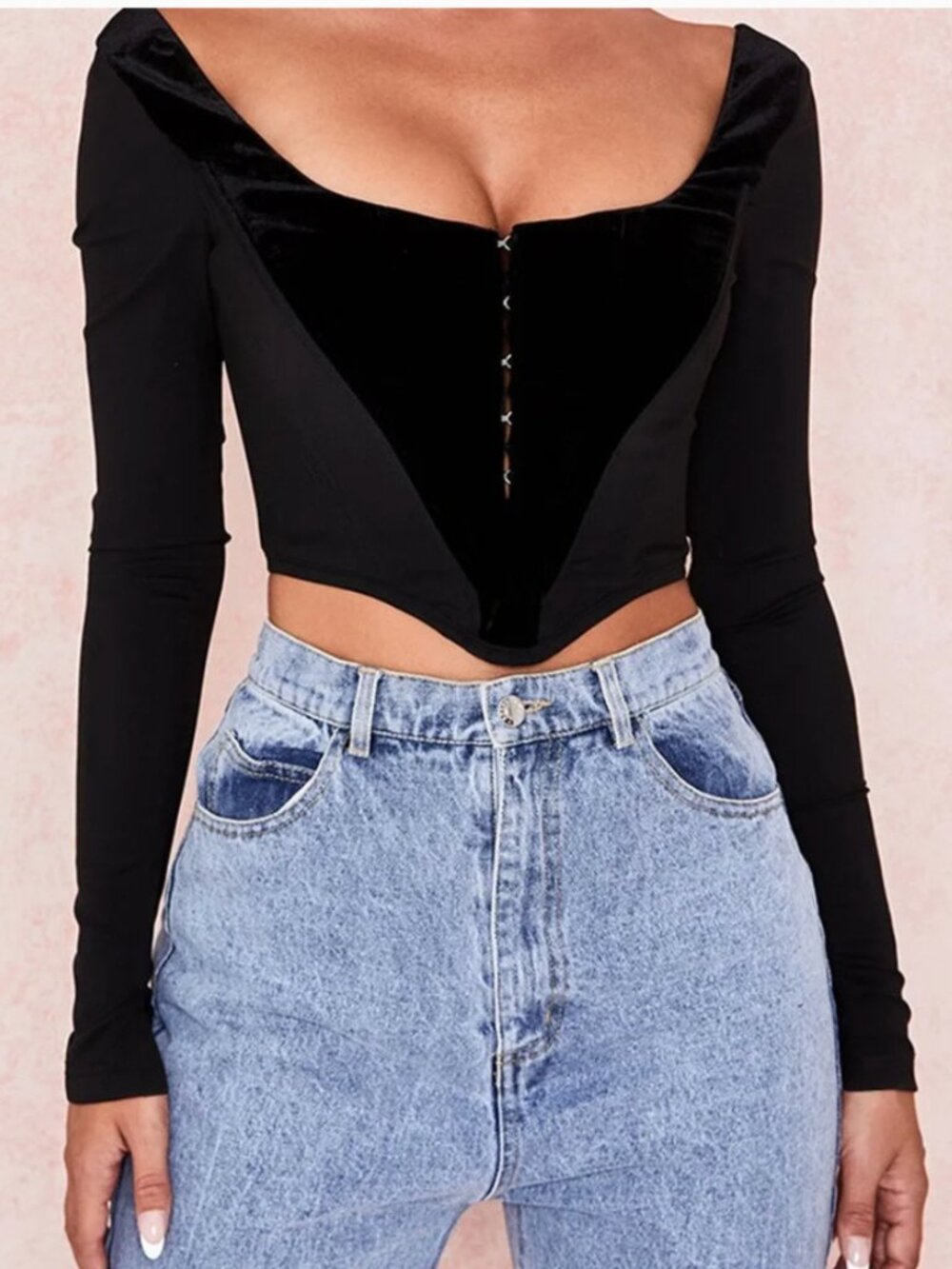 House of CB | Black Velvet Long Sleeve Corset w Front Hooks | Size Small
